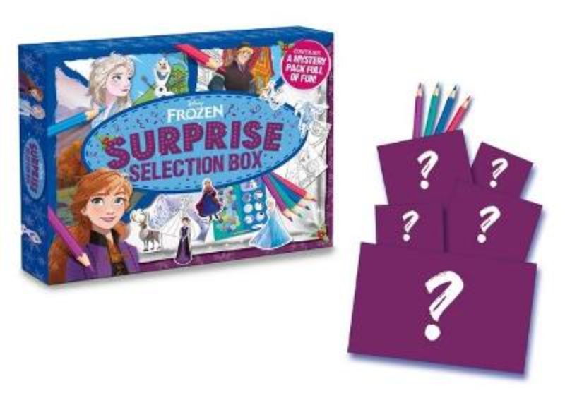Enchanting Frozen Surprise Selection Box featuring activities, coloring books, and stickers with beloved characters Elsa and Anna.