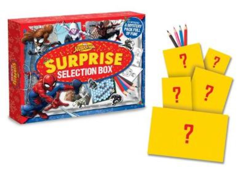 Colorful Spider-Man selection box featuring activity books, coloring pages, and stickers for creative fun and imaginative play.