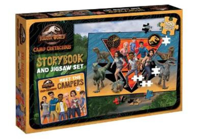 Colorful Jurassic World Camp Cretaceous storybook and jigsaw puzzle set for kids, featuring dinosaurs and engaging adventures.