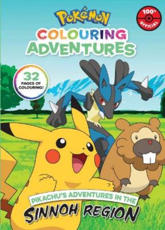 Colouring book featuring Pikachu's adventures in Sinnoh with illustrations of various Pokémon for creative kids.