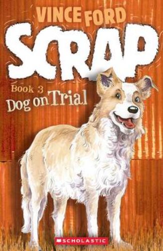 Illustration of "Scrap: #3 Dog on Trial," a thrilling children's adventure featuring a skilled dog and sheep herding challenges.