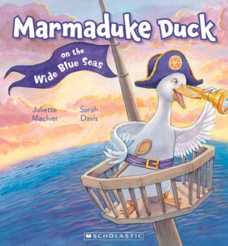 Cover of "Marmaduke Duck on the Wide Blue Seas," showcasing a courageous duck embarking on a vibrant ocean adventure.