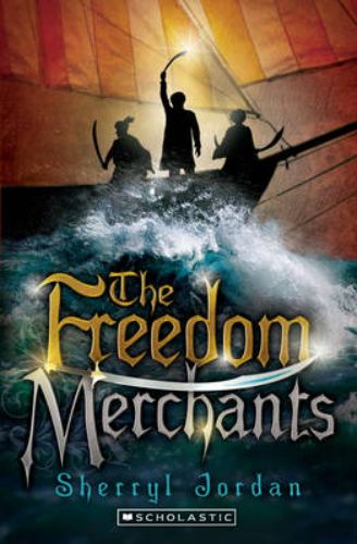 Paperback novel "Freedom Merchants" by SCHOLASTIC, exploring survival and resilience against a backdrop of Irish piracy.