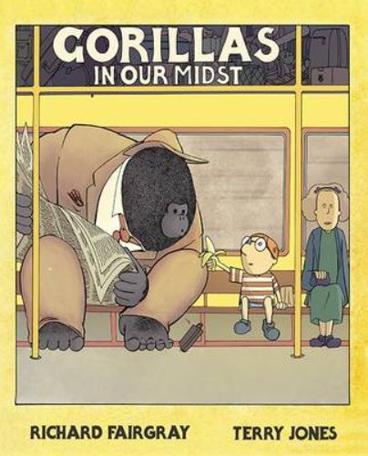 Hardback children's book "Gorillas in Our Midst" featuring whimsical illustrations of disguised gorillas in various professions.