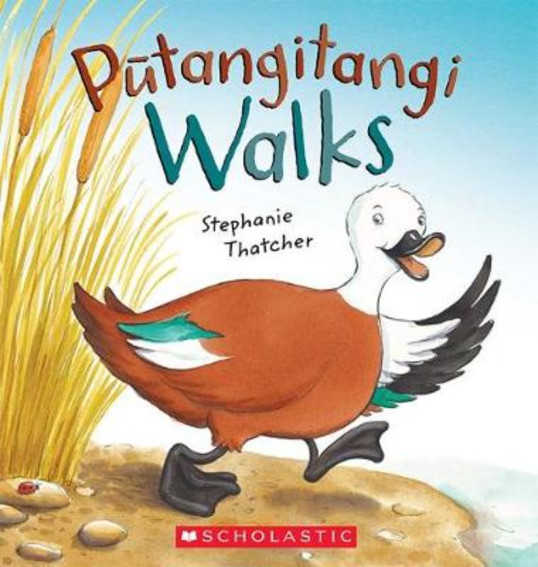 Illustrated picture book "Putangitangi Walks," featuring a duck's adventure in Te Reo Maori, promoting early literacy and friendship.