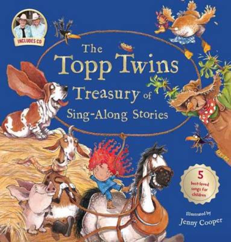 Illustrated book with CD featuring Topp Twins' sing-along stories, promoting literacy, music, and family fun.