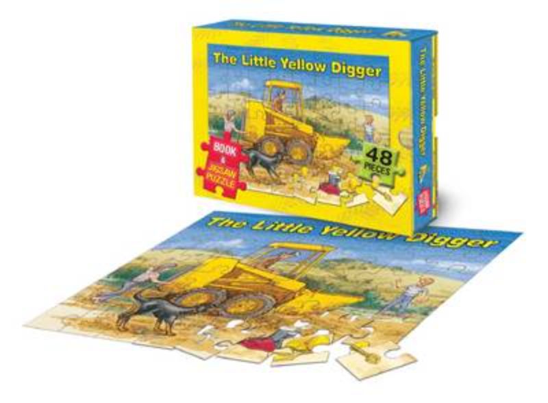 Vibrant boxed set featuring 'The Little Yellow Digger' book and jigsaw puzzle for preschoolers, promoting storytelling and play.