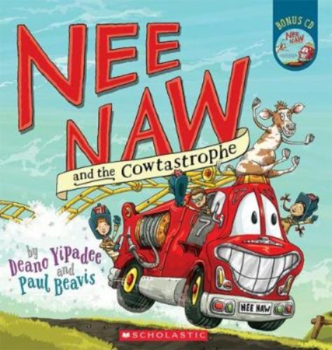 Cover of 'Nee Naw and the Cowtastrophe', featuring a fire engine and a cow in a tree, perfect for children's storytime.