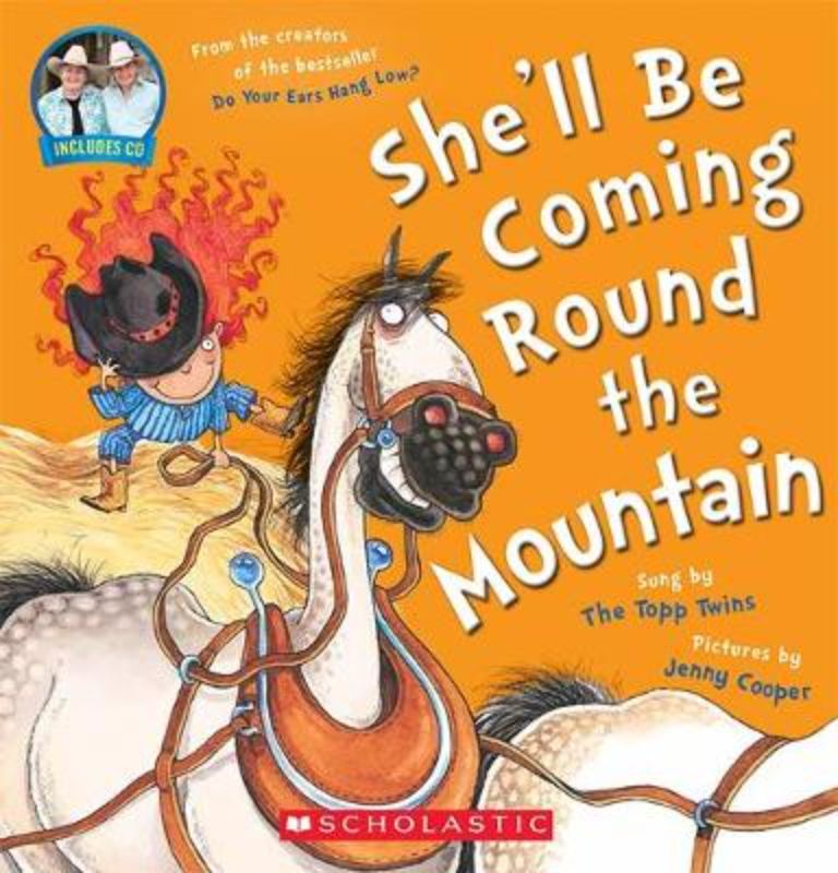 Colorful board book featuring "She'll Be Coming Round the Mountain" with audio CD by Topp Twins for joyful storytelling.