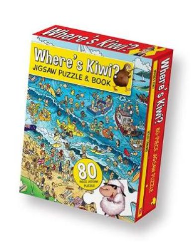 Colorful Where's Kiwi jigsaw puzzle set with 80 pieces and engaging book, perfect for family fun and cognitive skill development.
