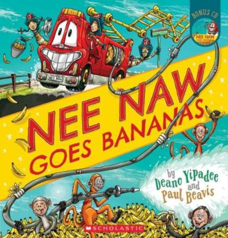 Illustration of Nee Naw the fire engine on an adventurous journey to help a driver after a comical mishap with playful monkeys.