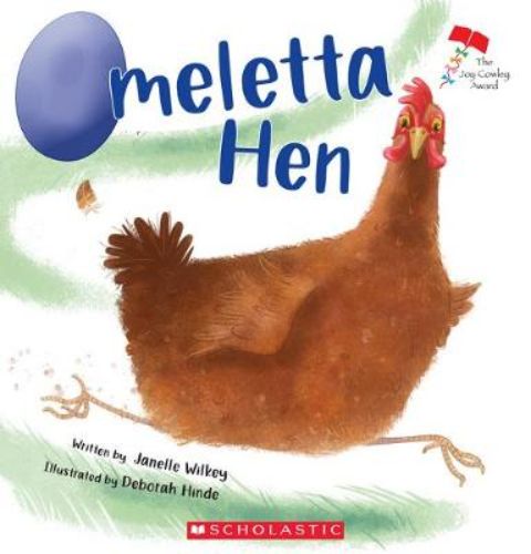 Illustrated cover of 'Omeletta Hen', a children's book about a boy and his spirited hen's whimsical egg-laying adventures.