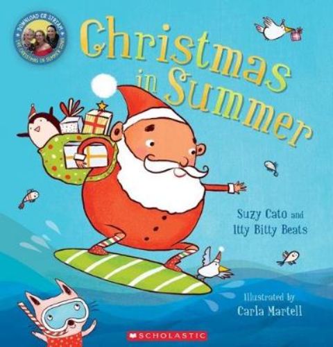 Children's book "Christmas in Summer" featuring Santa's beach adventures, lively illustrations, and catchy sing-along song.