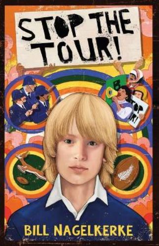 Cover of "My New Zealand Story: Stop the Tour!" featuring a young boy amidst a backdrop of protest and rugby themes.