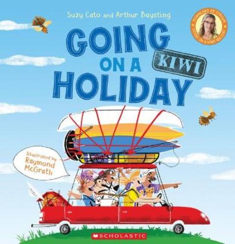 Colorful cover of "Going on a Kiwi Holiday," a children's book about summer adventures in New Zealand by Suzy Cato.
