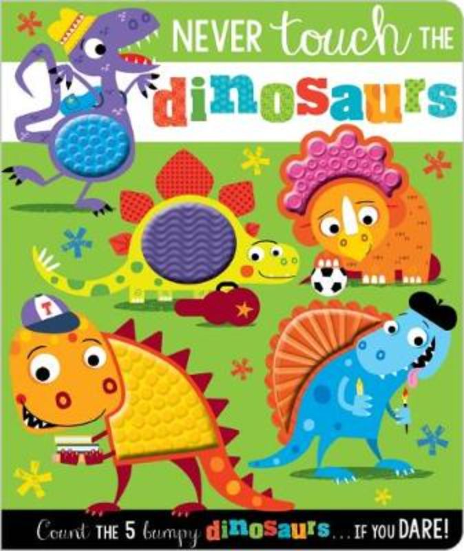 Colorful board book for toddlers featuring textured dinosaurs, teaching counting down from five in an engaging adventure.
