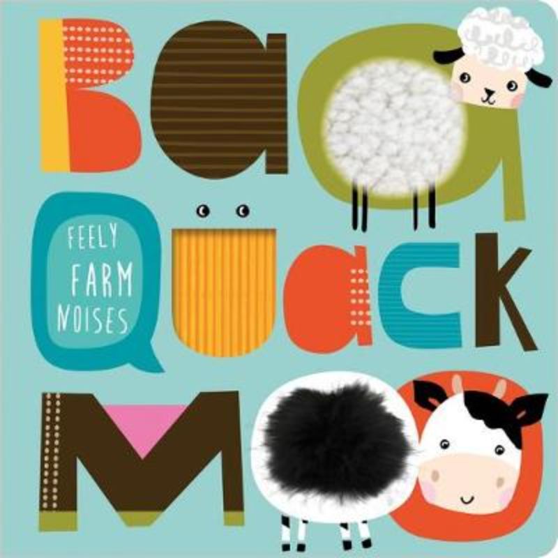 A colorful hardback picture book for toddlers, featuring touch-and-feel letters and farm animal sounds for interactive learning.