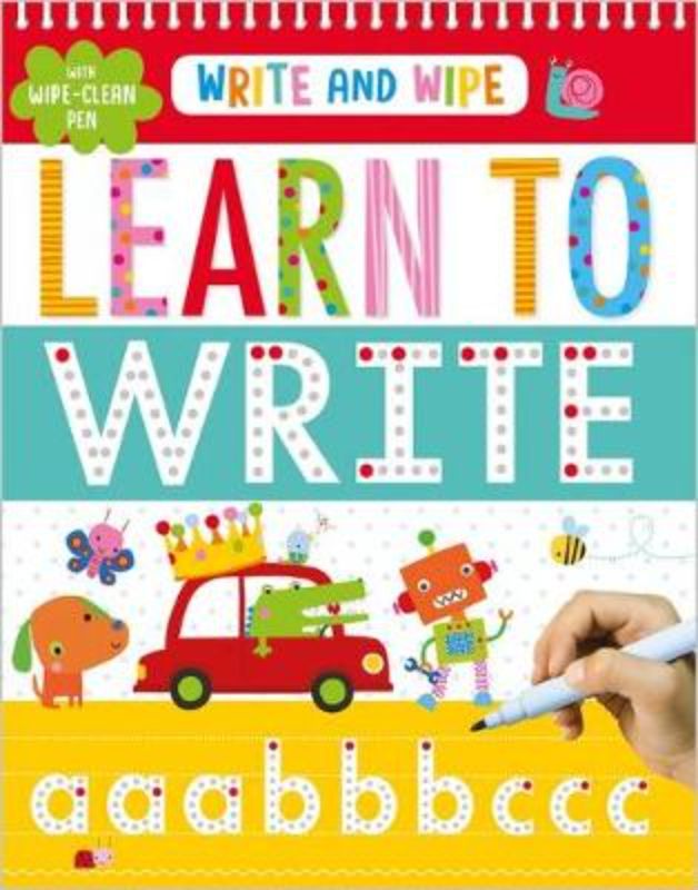 Colorful wipe-clean activity book for kids to practice writing letters, numbers, and words with a reusable pen.