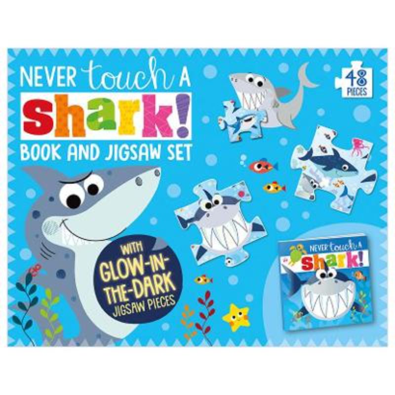 Boxed set of 'Never Touch A Shark' book with 48-piece glow-in-the-dark puzzle for toddlers' imaginative underwater adventures.