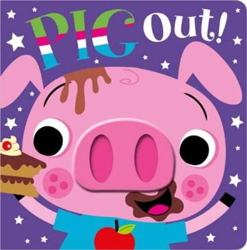 Bright board book *Pig Out!* featuring a squishy pig snout cutout, amusing rhymes, and vibrant illustrations for toddlers.