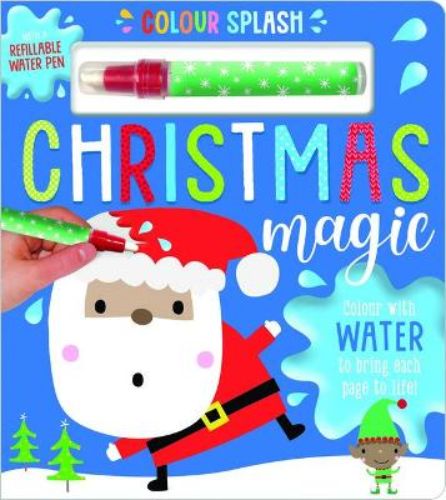 Board book titled 'Colour Splash Christmas Magic' with vibrant illustrations and a refillable water pen for interactive storytelling.