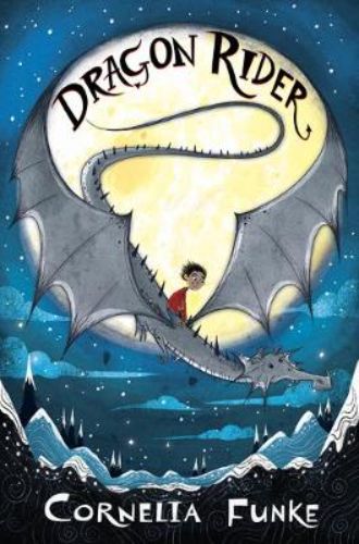 Illustration of the 'Dragon Rider' book cover featuring Firedrake the dragon on an adventurous quest across magical landscapes.