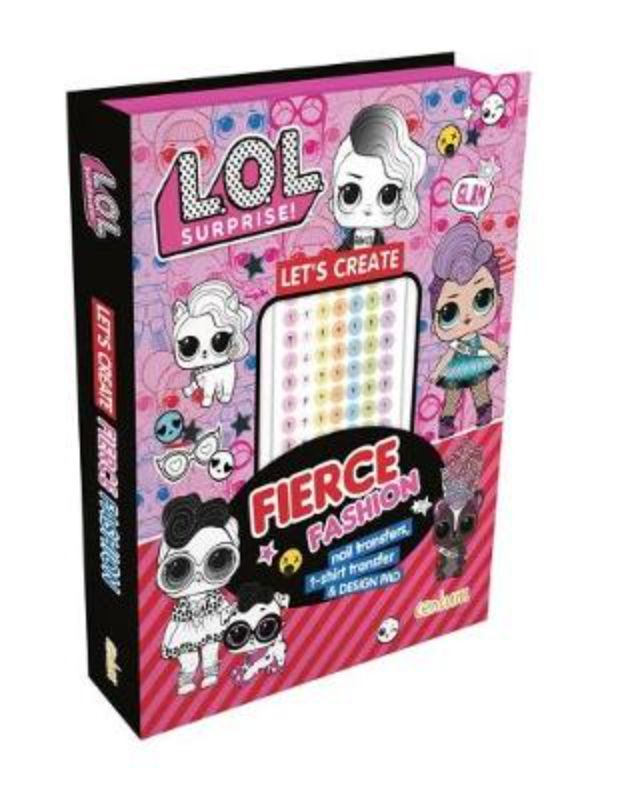 Activity kit featuring L.O.L. Surprise! fashion design, including coloring pad, stickers, and transfers for creative play.