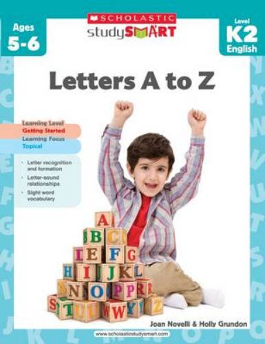 Educational book "Study Smart: Letters A to Z" for K2, focusing on alphabet recognition and letter-sound relationships.