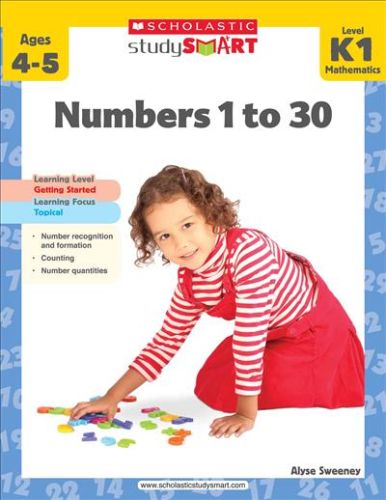 Colorful workbook 'Study Smart: Numbers 1 to 30' for K1 kids, featuring engaging exercises for number recognition and counting skills.
