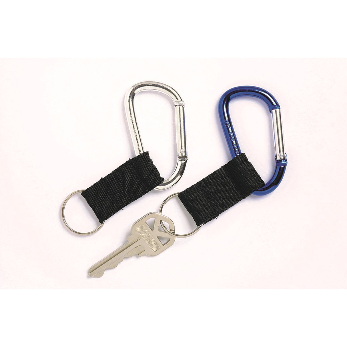 Rexel ID carabiner key rings in blue and silver, featuring a durable 60mm D-shape for easy key access and secure attachment.