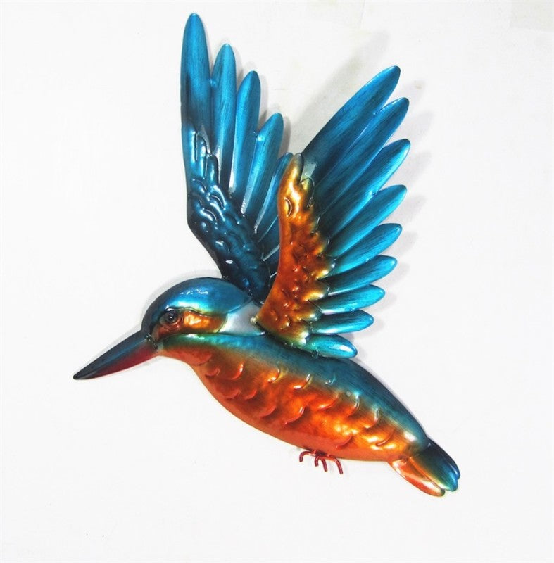 Vibrant metal wall art of a kingfisher in flight, showcasing striking colors and adding elegance to any space.