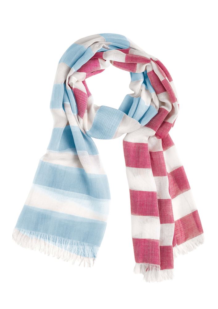 Ladies two-tone scarf in Melon and Alaskan Blue, featuring fringed edges, lightweight fabric, and one-size design.