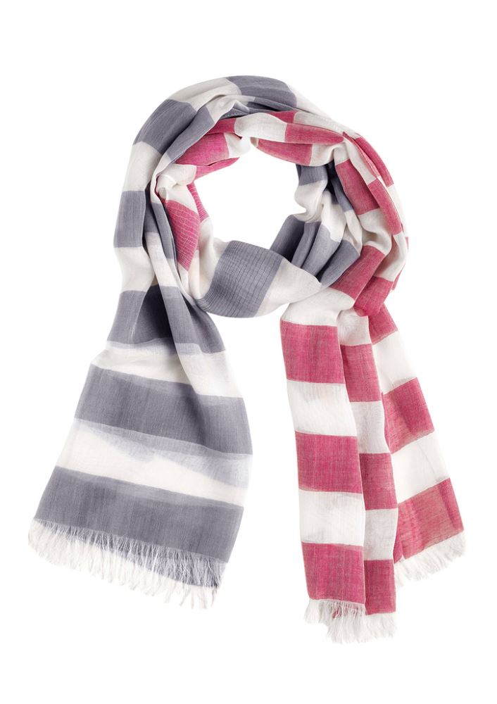 Ladies Two Tone Scarf in Melon and Patriot Blue, featuring a trendy fringed design for versatile, stylish wear.