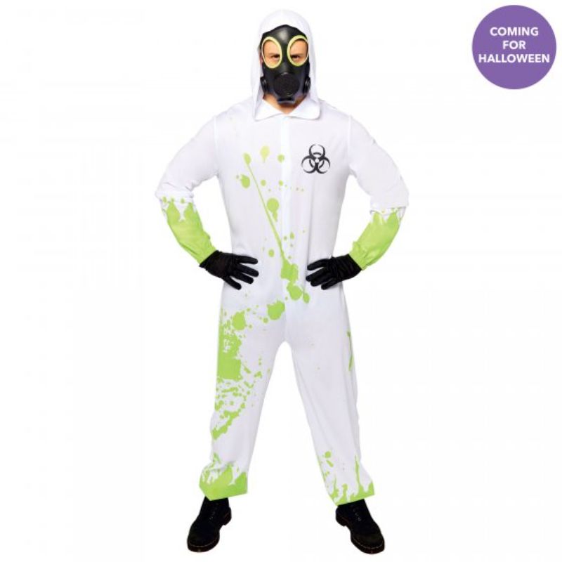 Adult large Costume Hazmat Suit for men, featuring a jumpsuit, hood, and mask, perfect for Halloween and themed events.