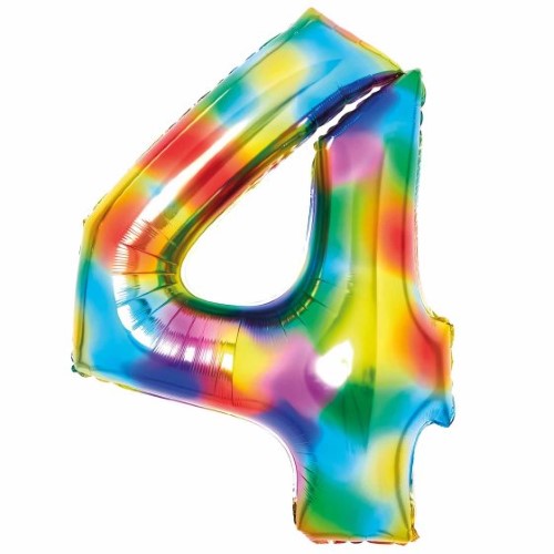 Large Number 4 Rainbow Foil Balloon, 66cm wide x 93cm high, perfect for colorful celebrations and events.