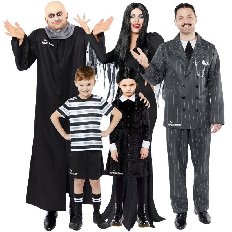 Gomez Addams Men's Medium Costume featuring jacket, trousers, tie, and moustache for a charmingly eerie look.