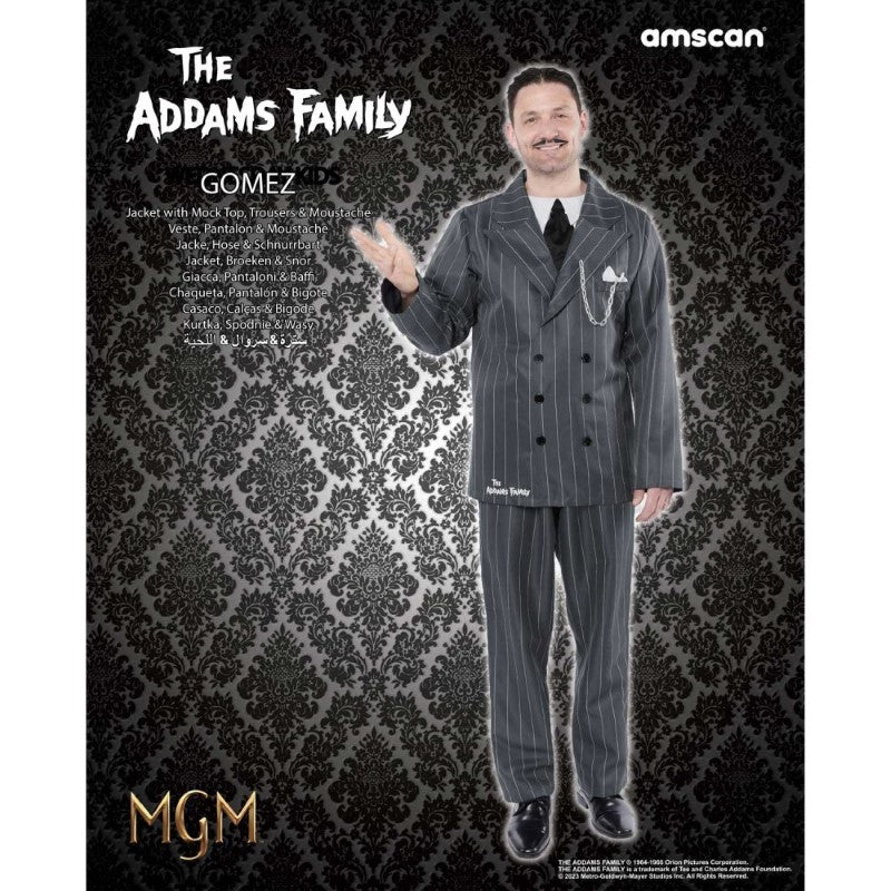 Gomez Addams Men's Large costume featuring jacket, trousers, tie, and moustache for Halloween or cosplay events.