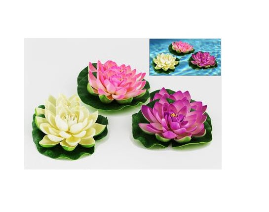 Vibrant set of 6 lifelike floating water lily and lotus flowers for enchanting decor, perfect for indoor or outdoor use.