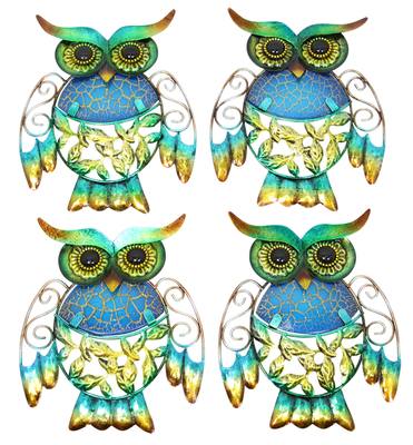 Set of 4 blue crackle glass owl plaques, each 15cm, showcasing elegant nature-inspired wall art for any living space.