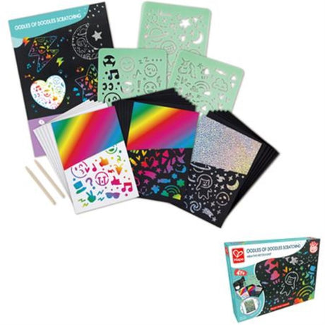 Oodles of Doodles Scratching Kit by Hape, featuring vibrant sheets, stencils, and a wooden stylus for creative exploration.