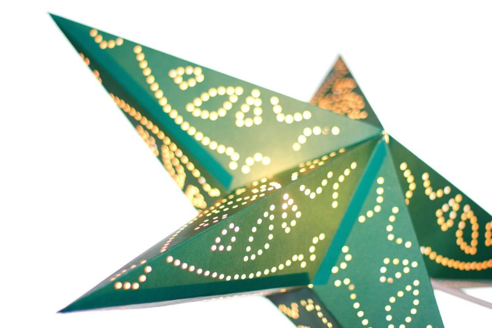 Handmade green paper lamp shade, 55cm diameter, adds elegance and whimsy to any decor, ideal for home or party use.