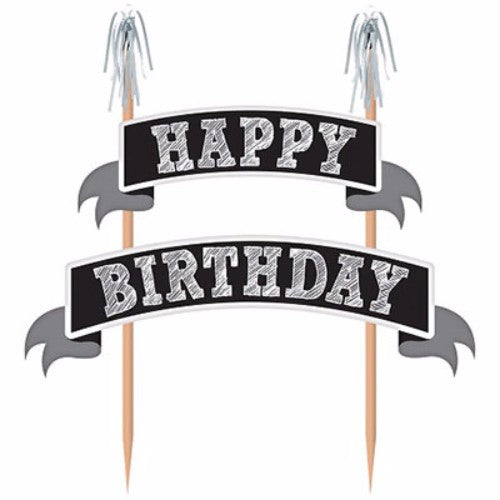 Happy Birthday chalkboard banner kit with silver foil-tipped wooden picks and customizable cardboard banners for elegant cake decorations.