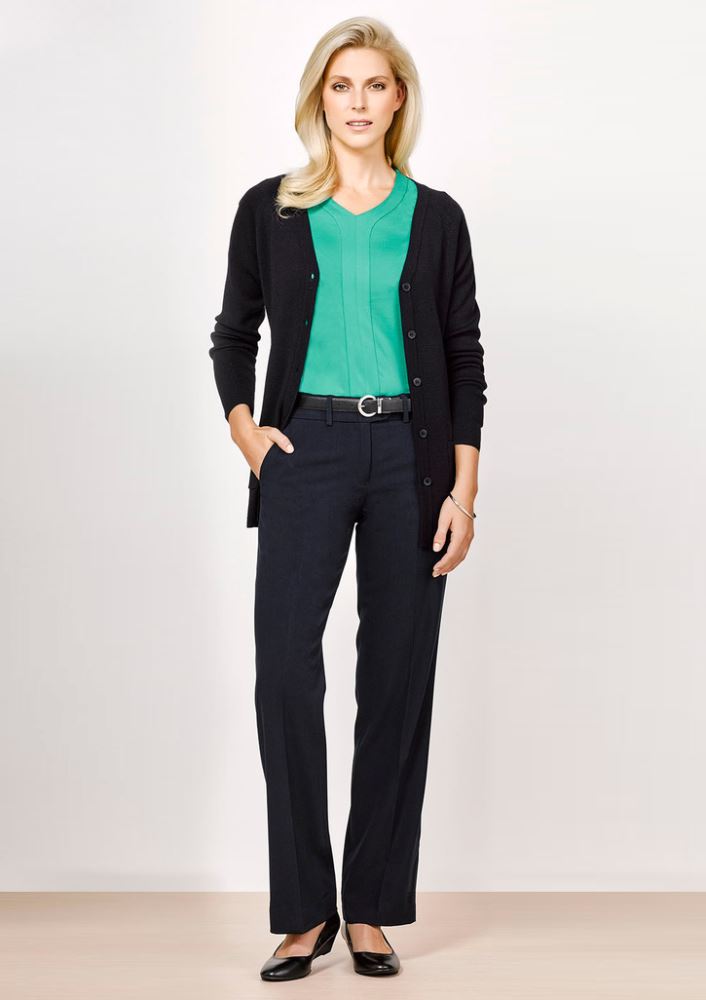 Advatex Ladies Adjustable Waist Pant in black, size 16, featuring a hidden elastic waist, deep side pockets, and polished leg design.