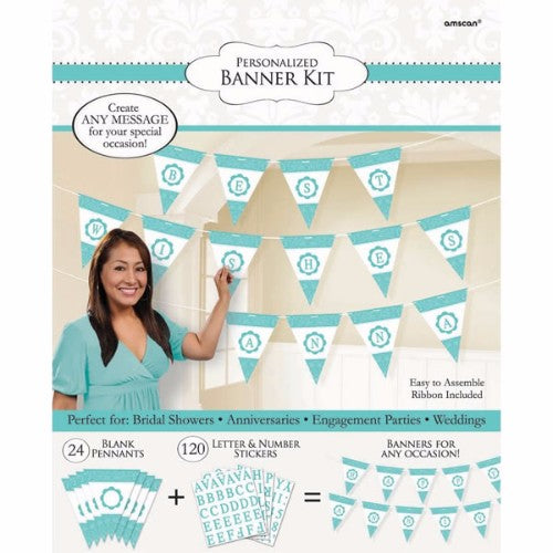 Pennant Banner Kit in Robin's Egg Blue with 24 customizable pennants, 120 letters, and a 792cm ribbon for celebrations.