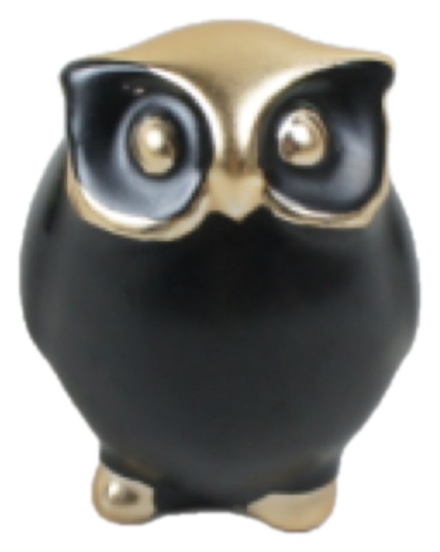Ceramic owl ornament in black and gold, featuring intricate details, perfect for elegant home decor.