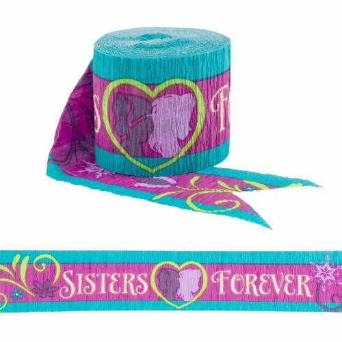 Colorful 'Sisters Forever' Frozen Crepe Streamer, 5cm wide and 9.14m long, perfect for festive celebrations and party decor.