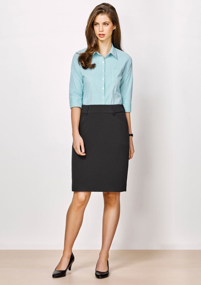 Charcoal skirt for ladies, size 14, featuring adjustable waist, stretch fabric, belt loops, and hidden phone pocket.