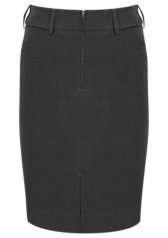 Charcoal adjustable waist skirt for women, featuring comfort stretch, hidden elastic, belt loops, and a convenient phone pocket.