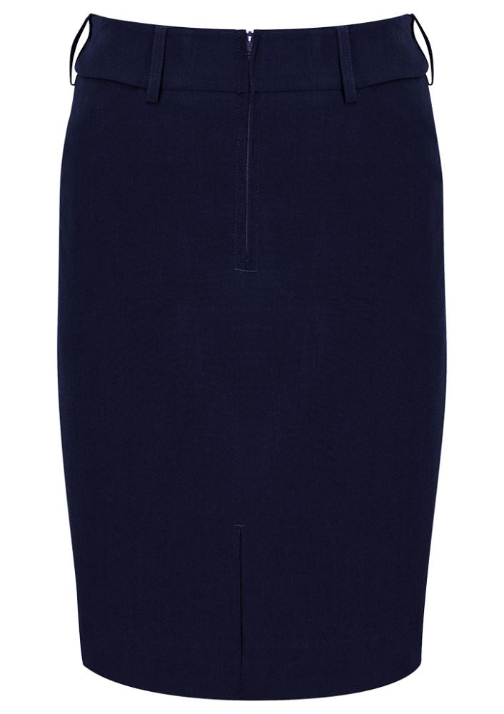 Navy adjustable waist skirt for ladies, featuring comfort stretch, pockets, and belt loops, tailored for professional wear.