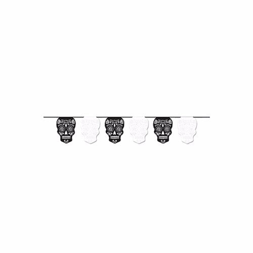 Black and white skull flag banner, 3.65m long, perfect for edgy events, Halloween parties, and alternative decor.